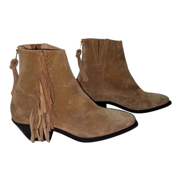 All Saints Suede Fringe Ankle Boots Pointed Toe Tan Western Cowgirl Booties 8 - Picture 7 of 16